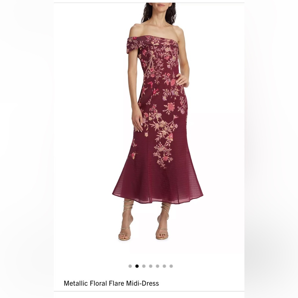 Marchesa Notte Metallic Floral Midi Dress NWT